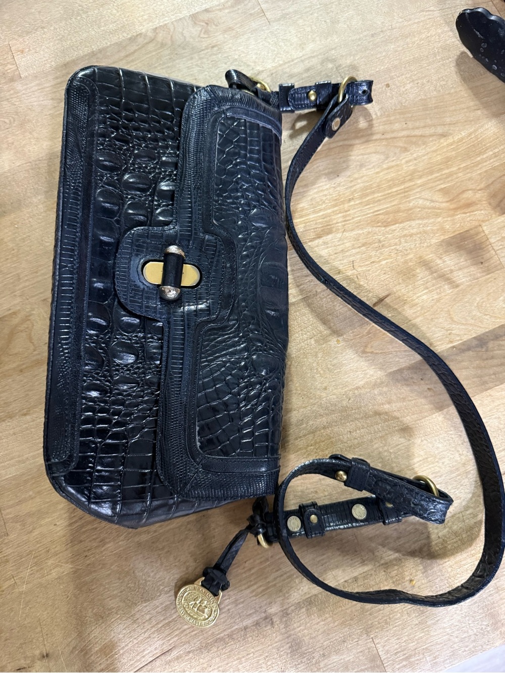 Brahmin Black Croc-Embossed Shoulder Bag with Gold Hardware